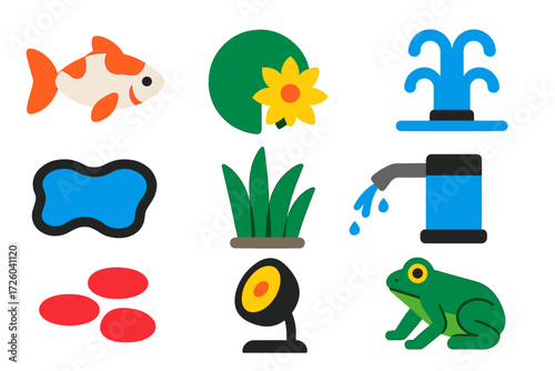Pond Feature Icons. Flat vector icons of pond features: koi fish, lily pad, fountain spout, pond liner, aquatic plant, water