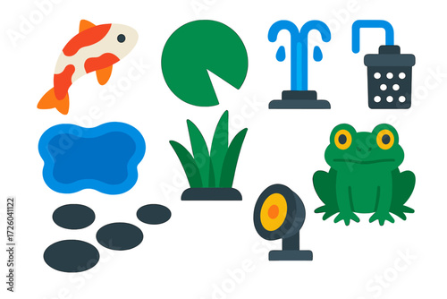 Pond Feature Icons. Flat vector icons of pond features: koi fish, lily pad, fountain spout, pond liner, aquatic plant, water