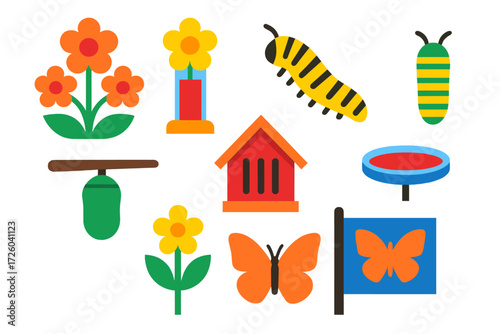 Butterfly Garden Icons. Flat vector icons of butterfly garden: butterfly plant, nectar tube, caterpillar, chrysalis, butterfly