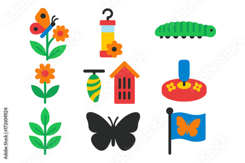 Butterfly Garden Icons. Flat vector icons of butterfly garden: butterfly plant, nectar tube, caterpillar, chrysalis, butterfly