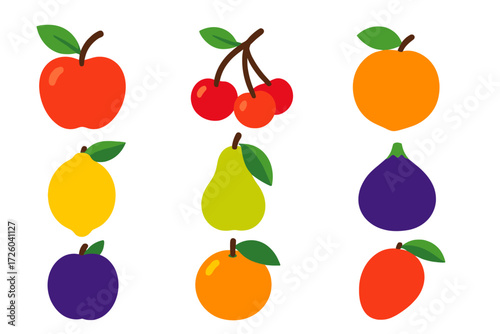 Colorful Fruit Icons. Flat vector icons of fruit trees: apple branch, cherry cluster, peach, lemon, pear, fig, plum, orange, mango