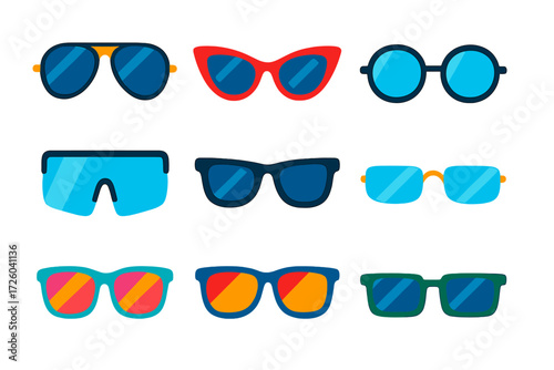 Colorful Eyewear Icons. Flat vector icons of eyewear: aviator sunglasses, cat-eye frame, round spectacles, shield visor, wayfarer,