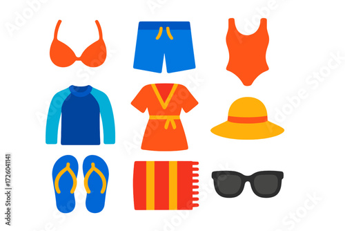 Vibrant Swimwear Icons. Flat vector icons of swimwear: bikini top, swim trunks, one-piece suit, rash guard, cover-up, sun hat,