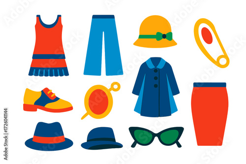 Vintage Fashion Icons. Flat vector icons of vintage fashion: flapper dress, wide-leg trouser, cloche hat, saddle shoe, brooch pin,