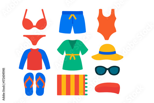Vibrant Swimwear Icons. Flat vector icons of swimwear: bikini top, swim trunks, one-piece suit, rash guard, cover-up, sun hat,