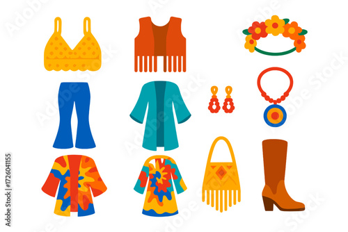 Boho Fashion Icons. Flat vector icons of festival and boho wear: crochet top, fringe vest, flower crown, bell-bottoms, kimono