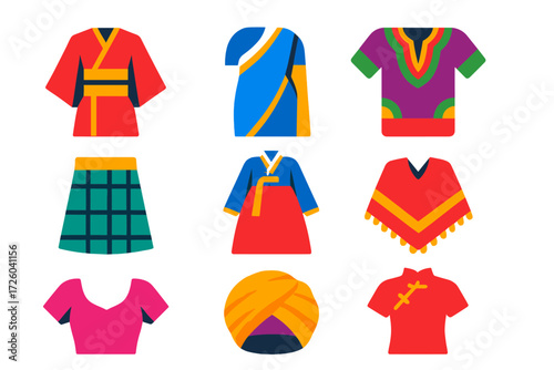 Cultural Attire Icons. Flat vector icons of traditional and cultural attire: kimono, saree, dashiki, kilt, hanbok, poncho, sari