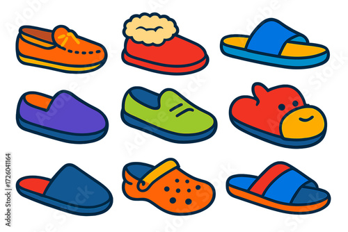 Vibrant Slipper Icons. Flat vector icons of slippers and house shoes: moccasin slipper, shearling slipper, open-toe slide,