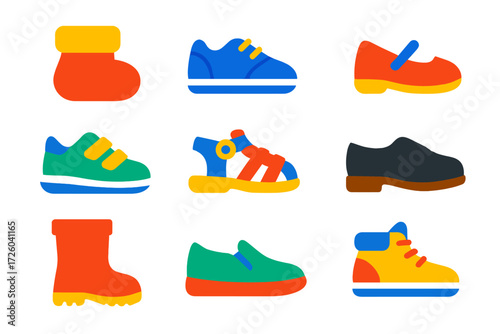 Colorful Children's Shoe Icons. Flat vector icons of children’s shoes: baby bootie, toddler sneaker, Mary Jane, Velcro trainer,