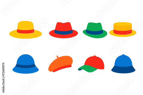 Vibrant Hat Icons. Flat vector icons of hat styling: wide brim, fedora, trilby, boater, cloche, beret, baseball cap, bucket hat,