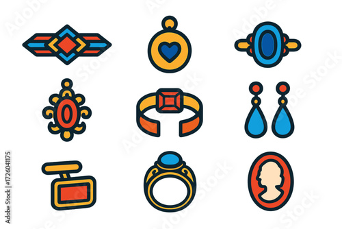 Vintage Jewelry Icons. Flat vector icons of vintage and antique jewelry: art deco brooch, Victorian locket, Edwardian ring,