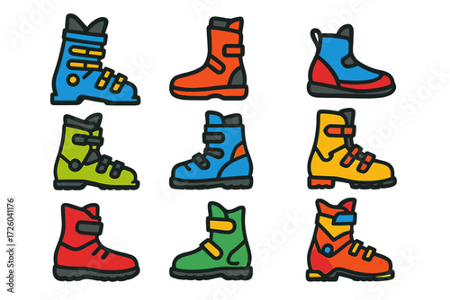 Ski & Snowboard Boot Icons. Flat vector icons of ski and snowboard boots: ski boot, snowboard boot, cross-country boot,