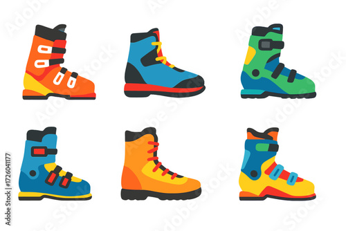 Ski & Snowboard Boot Icons. Flat vector icons of ski and snowboard boots: ski boot, snowboard boot, cross-country boot,