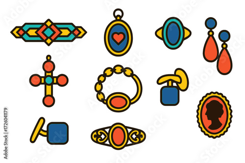Vintage Jewelry Icons. Flat vector icons of vintage and antique jewelry: art deco brooch, Victorian locket, Edwardian ring,