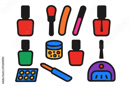 Vibrant Nail Art Icons. Flat vector icons of nail art: nail polish bottle, manicure brush, nail file, base coat, glitter pot, top