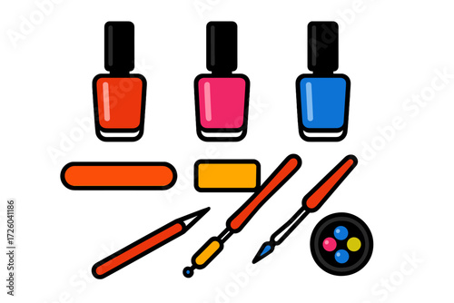 Vibrant Nail Icon Set. Flat vector icons of nail cosmetics: nail polish bottle, top coat bottle, base coat bottle; nail file,