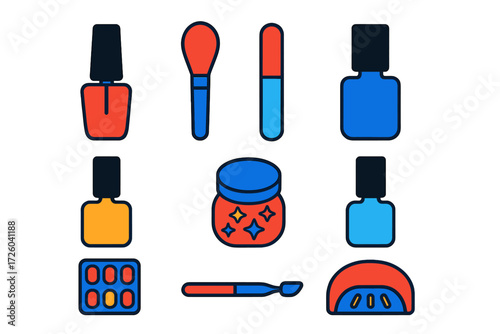 Vibrant Nail Art Icons. Flat vector icons of nail art: nail polish bottle, manicure brush, nail file, base coat, glitter pot, top