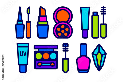 Neon Makeup Icons. Flat vector icons of neon makeup: fluorescent eyeliner, neon lipstick, glow blush, UV primer, bright eyeshadow
