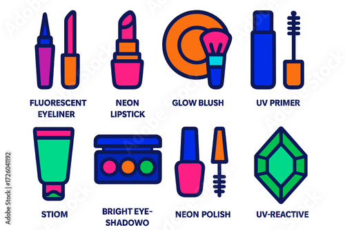 Neon Makeup Icons. Flat vector icons of neon makeup: fluorescent eyeliner, neon lipstick, glow blush, UV primer, bright eyeshadow