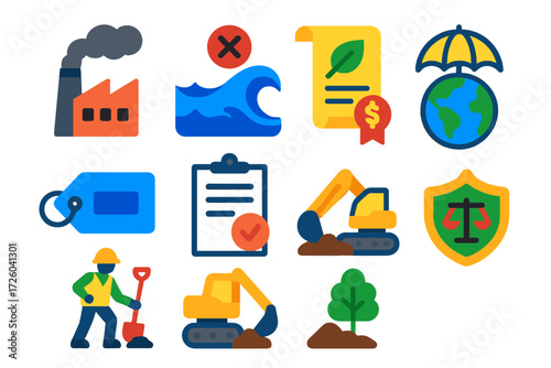 Environmental Liability Icons. Flat vector icons of environmental liability insurance: factory emission, pollution wave, policy