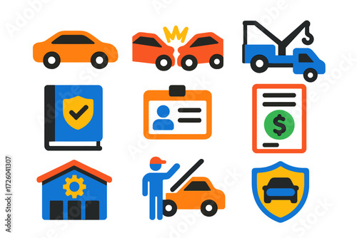 Auto Insurance Icons. Flat vector icons of auto insurance: car silhouette, accident crash, tow truck; policy binder, ID card,