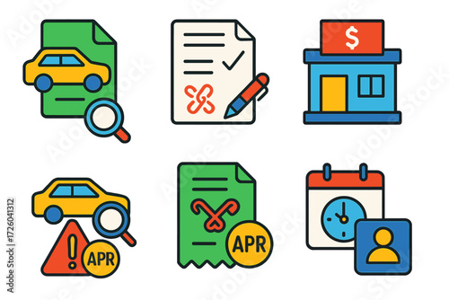 Title Loan Icons. Flat vector icons of title loans: car title, loan agreement, lender office; vehicle appraisal, lien release,