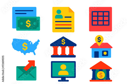 Modern Tax Icons. Flat vector icons of payroll withholding: paycheck stub, W-4 form, withholding table; state tax, federal tax,