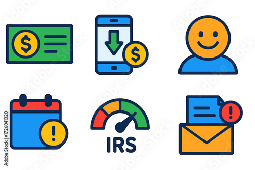 Tax Refund Icons. Flat vector icons of tax refund: refund check, direct deposit arrow, refund status; happy taxpayer, calendar
