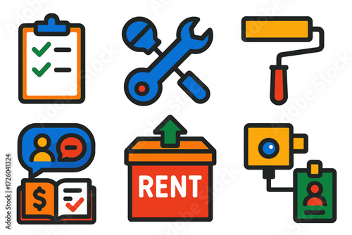 Modern Property Icons. Flat vector icons of property management: clipboard checklist, maintenance wrench, paint roller; tenant