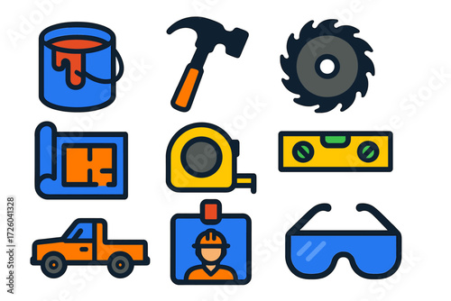 Vibrant Renovation Icons. Flat vector icons of renovation projects: paint can, hammer, saw blade; blueprint, tape measure, level
