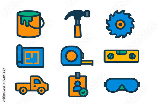 Vibrant Renovation Icons. Flat vector icons of renovation projects: paint can, hammer, saw blade; blueprint, tape measure, level