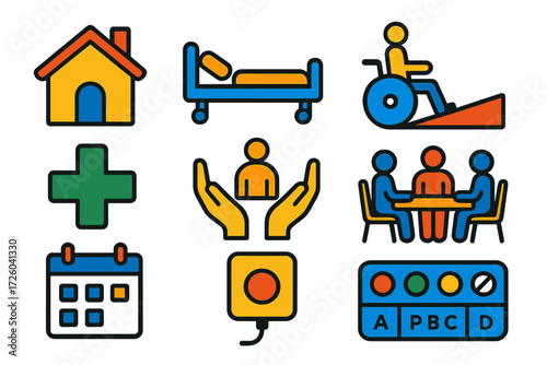 Vibrant Senior Living Icons. Flat vector icons of senior living: residential home, assisted care bed, wheelchair ramp; medical