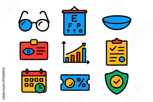 Vision Insurance Icons. Flat vector icons of vision insurance: eyeglasses, eye chart, contact lens; policy card, premium graph,