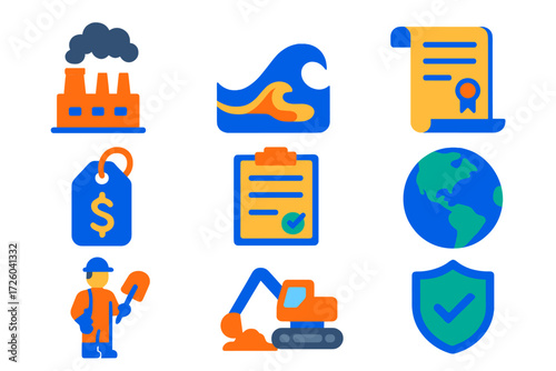 Environmental Liability Icons. Flat vector icons of environmental liability insurance: factory emission, pollution wave, policy