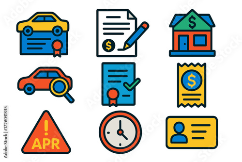 Title Loan Icons. Flat vector icons of title loans: car title, loan agreement, lender office; vehicle appraisal, lien release,