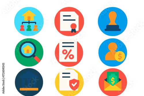 Estate Tax Icons. Flat vector icons of estate tax: inheritance tree, will document, executor seal; estate valuation, tax bill,