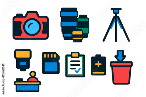 Camera Gear Icons. Flat vector icons of camera gear rentals: DSLR camera, lens trio, tripod stand; flash unit, memory card,