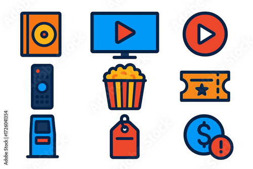 Movie Rental Icons. Flat vector icons of movie rentals: DVD case, streaming screen, play button; remote control, popcorn tub,