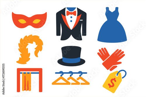 Costume Rental Icons. Flat vector icons of costume rentals: masquerade mask, tuxedo jacket, ball gown; feather boa, top hat,
