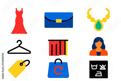High-End Fashion Icons. Flat vector icons of high-end fashion rentals: designer gown, luxury clutch, statement jewelry; hanger