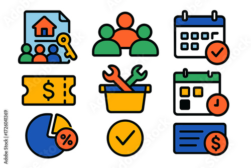 Fractional Ownership Icons. Flat vector icons of fractional ownership: shared deed, co-owner group, usage calendar; buy-in ticket,