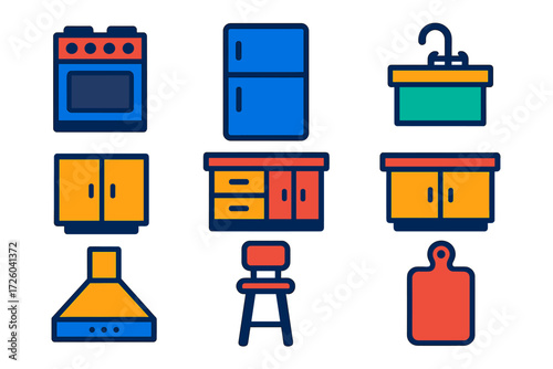 Modern Kitchen Icons. Flat vector icons of kitchen interiors: stove, refrigerator, sink; cabinet, countertop, island; range hood,