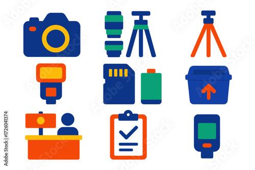 Camera Gear Icons. Flat vector icons of camera gear rentals: DSLR camera, lens trio, tripod stand; flash unit, memory card,