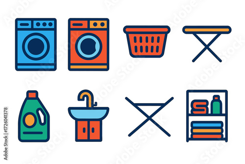 Modern Laundry Icons. Flat vector icons of laundry room interiors: washing machine, dryer, laundry basket; ironing board,