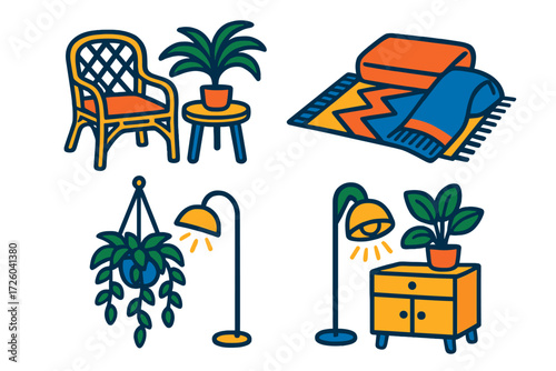 Sunroom Interior Icons. Flat vector icons of sunroom interiors: rattan chair, small table, potted palm; floor cushion, rug, throw