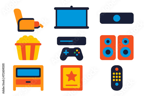 Modern Media Room Icons. Flat vector icons of media room interiors: sofa recliner, projector screen, soundbar; popcorn bowl, game