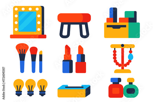 Vanity Icons Set. Flat vector icons of vanity area interiors: makeup mirror, stool, organizer tray; makeup brushes, lipstick set,