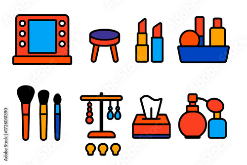 Vanity Icons Set. Flat vector icons of vanity area interiors: makeup mirror, stool, organizer tray; makeup brushes, lipstick set,