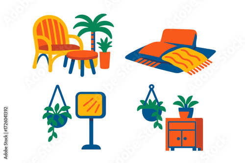 Sunroom Interior Icons. Flat vector icons of sunroom interiors: rattan chair, small table, potted palm; floor cushion, rug, throw