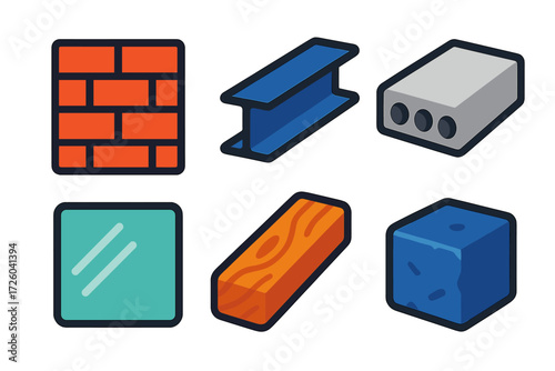 Modern Construction Icons. Flat vector icons of building materials: brick wall, steel beam, concrete slab; glass pane, wooden